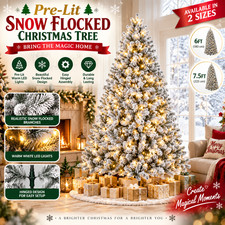 6FT/7.5FT Pre-Lit Snow Flocked Artificial Christmas Tree Warm LED Lights Hinged picture