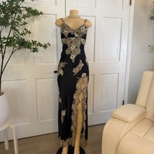 Silk Vintage Y2K Cache Black And Gold Beaded Lace Applique Sequin Maxi Dress picture