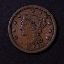 1855 US Braided Hair Large Cent - Slanted 5s Date - Circulated Copper, Free S&H picture