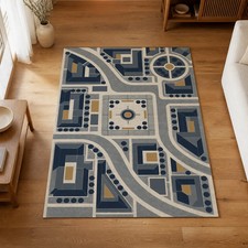 Kartela City Plan Washable Geometric Map Area Rug Navy Non-Slip picture