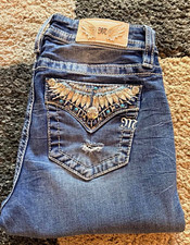 Miss Me Women’s Mid-Rise Bootcut Jeans Blue Medium Wash Embroidered Studded picture