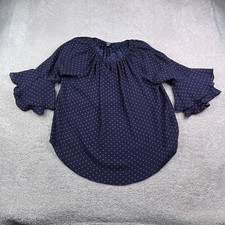 Chaps Top Women XL Blue Red Polka Dot Bell Sleeve Ruffle Pleated Sheer Blouse picture