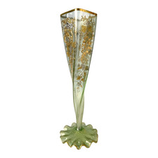 Antique Bohemian Czech Twisted Opalescent Glass Vase - Gilt Enamel Grapes picture
