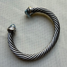 Vintage David Yurman 7mm Classic Cable Cuff Bracelet Blue Topaz 14K Silver Med picture