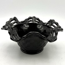 Vtg Fenton Black Amethyst Glass Basket Ruffled Reticulated Edge Weave Pattern picture
