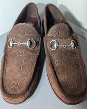 Mens Gucci 1953 Mens Horsebit Loafer Dark Brown GG Suede Size 8 Silver H G2U picture