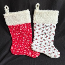 Vintage Handmade Quilted Christmas Stockings Two Snowflake Holly Sherpa Cuff picture