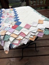 Vtg Handmade Quilt Trip Around the World postage stamp feed sack fabrics 100x80 picture