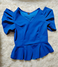 SHEIN Women’s Blue V-Neck Puff Sleeve Ruffle Pullover Blouse Size S picture