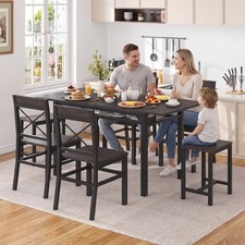 7 Piece Farmhouse Dining Table Set Black Wood Grain Metal Frame X Back Chairs picture