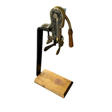 Vintage Roger Estate Brass Tabletop Wine Bottle Opener w/Corkscrew Wood Stand picture