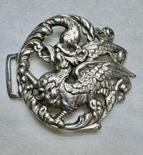 Antique German Sterling Silver Sash Buckle Winged Griffin Dragon Hanau Marks  picture