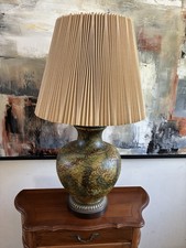Vtg Wescal Ceramic Table Lamp Pleated Accordion Shade Large Green Brass MCM 70s picture