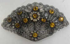 Antique 1930's Czech Silver Tone Filigree Hand Fan Pin Brooch w/ Glass Stones picture