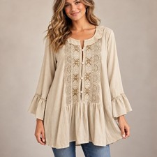 NWOT LOGO Lavish Lori Goldstein Beige Lace Beaded Tunic Top Ruffle Sleeve Sz Lg picture