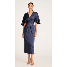 THEIA Navy Blue Satin Lucia Kimono Midi Dress Size 14 NWT Flutter Sleeves V Nek picture