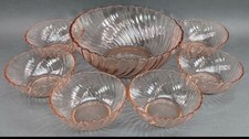 VTG Pink Swirl Glass Arcoroc Rosaline 7 Piece Salad Set For 6 France Cottage picture