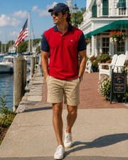 Vintage Polo Sport Ralph Lauren Polo Shirt Men’s Large Red Navy Colorblock USA picture