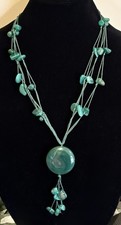 Vintage Asian Green Stone Disk Pendant Hand Knotted Beaded Necklace 24” picture