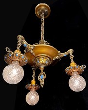 Antique Vtg 3 Light Pan Fixture RESTORED Jewel-like Polychrome Art Deco Nouveau picture