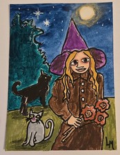 ACEO Original Painting Little Witch Cats Moon Halloween by Backyard Jungle Art  picture