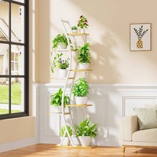 63-inch Tall Indoor Plant Stand with White Metal Frame and Wood Finish Shelves picture