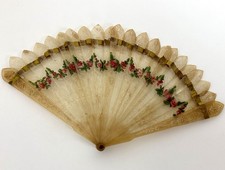 Antique Carved Horn Hand Fan French 19th Century Hand Painted Roses picture