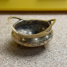 Vintage Chinese Brass Tripod Censer Mini Bowl Etched Floral 3 Legged Handled picture