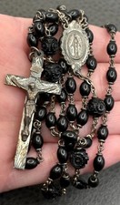 Vintage M Hallmark Sterling Silver Black Rosary Carved Bead Miraculous Medal 30” picture