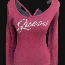 Vintage Guess Maroon Long Sleeve Rhinestone Script Logo Top M W83R57R1NN0 picture