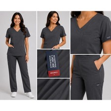 Cherokee Workwear Originals Women Scrub Set Grey V-Neck Top Cargo Pants L NWT picture