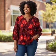 NWT Sonoma Blouse Corduroy 2X Burgundy Floral Cotton Boho Peasant Fall Western picture