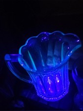 Antique EAPG Paneled Clear Glass Water Pitcher Starburst Base Manganese UV Glow picture