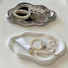 1pc Abstract Wavy Glossy Ceramic Jewelry Trinket Trays Valet Dish Silver/White picture