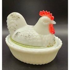 VTG Westmoreland Milk Glass Rooster on Nest Covered Dish Hand Painted UV Glow picture