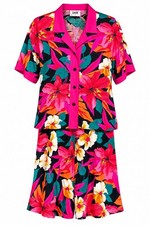 Vtg 2 Piece Set Womens 10 Medium M Tropical Hibiscus Floral Blouse Midi Skirt 90 picture