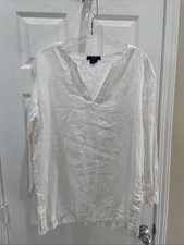 Chaps Women Gorgeous Pull over  white Linen Top Shirt Blouse Sz L Long Sleeve picture
