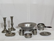 Vintage Pewter 9-Piece Collection Candlesticks Bowl Porringer Creamer Mug Coloni picture