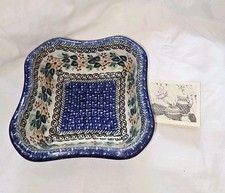 Boleslaweic Unikat Hand Painted Floral Square Stoneware Serving Bowl Poland 8
