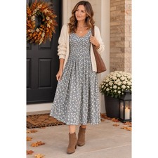 April Cornell Womens L Blue Floral Cotton Midi Dress Cottagecore Sleeveless picture
