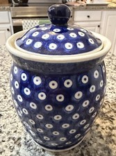 Boleslawiec Polish Pottery Peacock Eye Lidded Sugar Jar Blue Dot picture