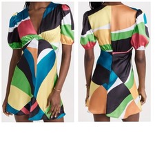 New STAUD Mini Milla Dress Marble Colorful V-Neck Lightweight Satin Sz 10 picture