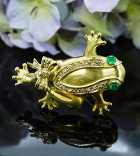 Vintage  18K Gold  15.7gr  Diamond Emerald Frog Bow Brooch Huge Heavy picture