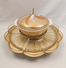 Vtg Fire King MCM Swirl Covered Casserole Dish with Warmer & Divided Dish NOS picture