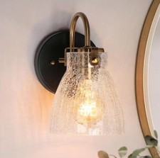 2Pk LNC Fumira 5.1” Matte Black And Brass Wall Sconce w/ Crackle Textured Glass picture