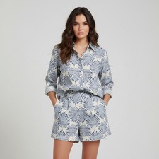 Joie Blue White Palm Leaf Print Linen Shirt and Shorts Set Womens Size Medium picture