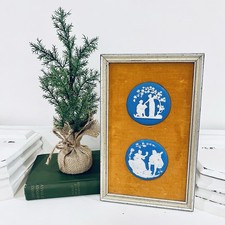 Vtg Wedgwood Blue Jasperware 2 Neoclassical Round Cameo Framed MCM picture