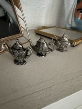 Ganz Trio Of  Miniature Pewter Tea Pots Raised Floral Design  1 Inch Tall picture