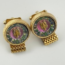 Vtg Hickok Zodiac Lobster Cufflinks Iridescent Glass Gold Tone Mens Astrology picture