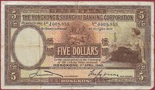 Hong Kong 5 Dollars P-173c (1940) picture